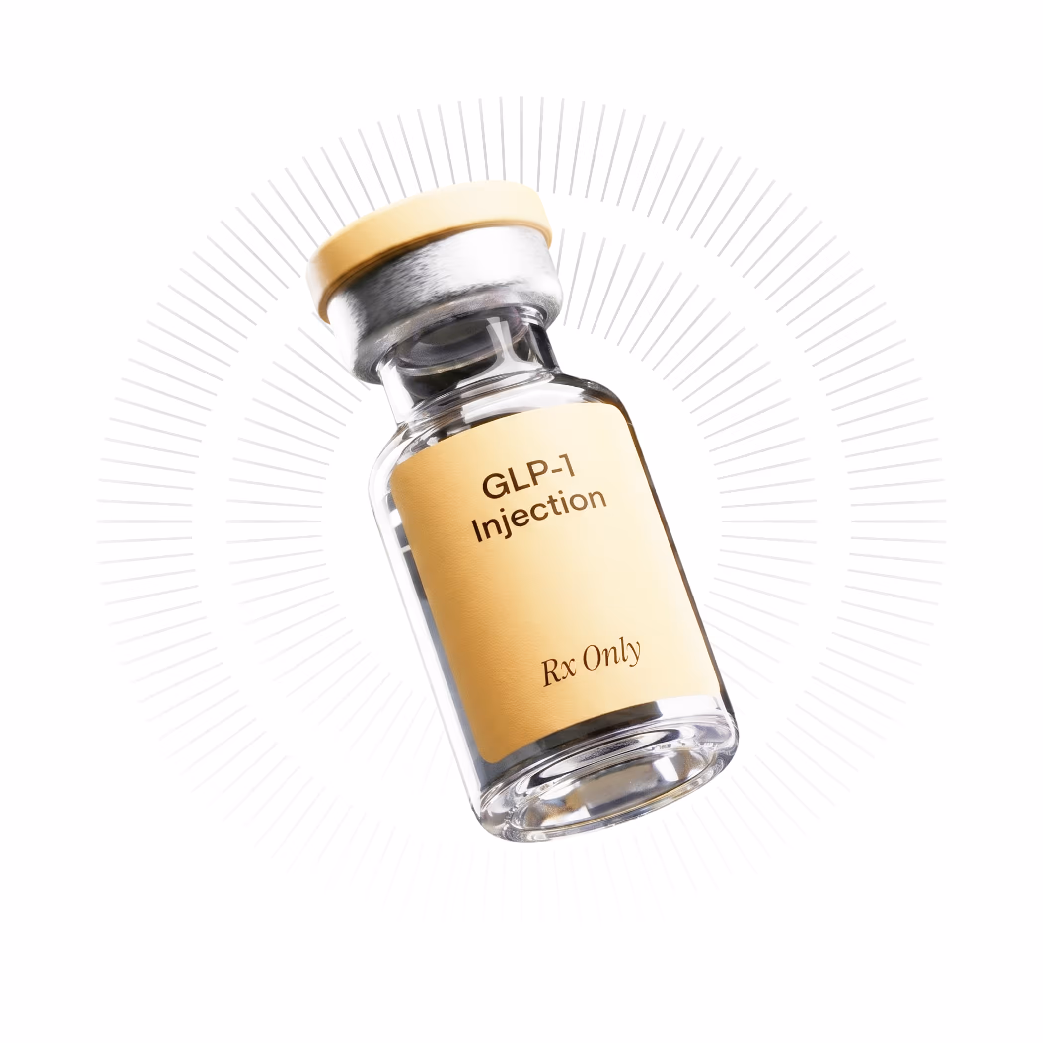 Glass vial labeled GLP-1 Injection with Rx Only on a white background with radiating lines.