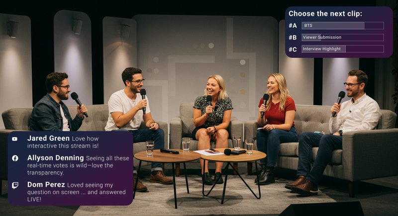 Panel of speakers on stage during a live broadcast, with on-screen overlays showing a viewer chat and a live poll in progress—highlighting interactive streaming in action.
