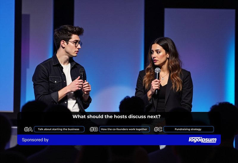 Virtual event host engaging with attendees through a live sponsored poll, illustrating interactive event sponsorship in action.