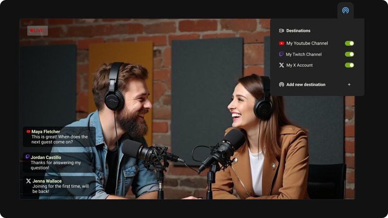 Podcasters using simulcasting for podcasters to stream live across multiple platforms with unified chat from YouTube, Facebook, and LinkedIn.