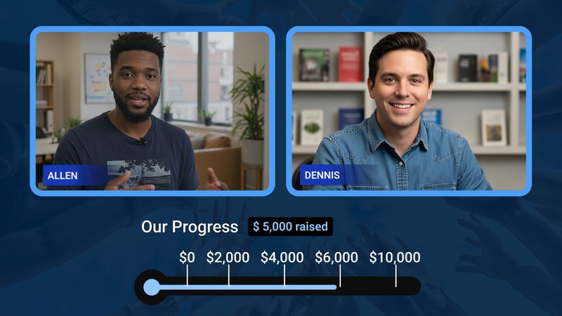 Two guests appear side-by-side in a livestream broadcast interface, labeled "Allen" and "Dennis," with a fundraising progress bar below showing $5,000 raised out of a $10,000 goal. The scene demonstrates a live donation meter and a clean layout for nonprofit guest management during a virtual event.