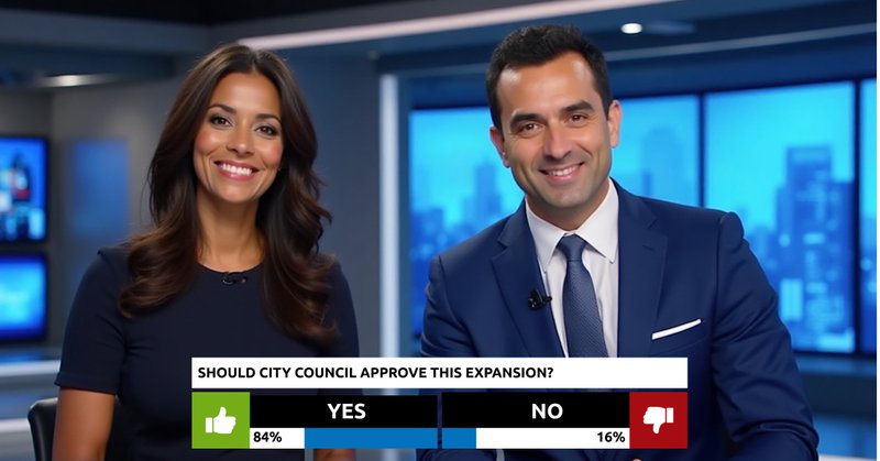 Two news anchors at a broadcast desk look into the camera while hosting a segment. On-screen, an audience poll asks, “Should city council approve the transit expansion?” with “Yes” and “No” options visible—demonstrating interactive livestream ideas for media.