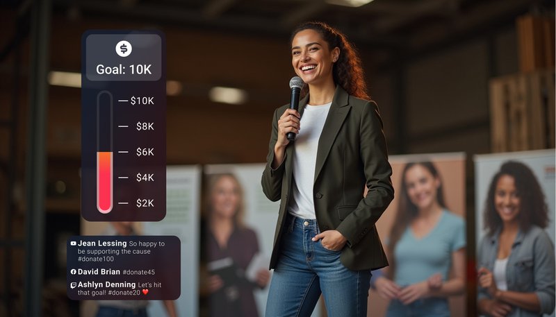 A nonprofit team hosting a virtual fundraising event with a live donation meter and audience chat overlay displayed on screen.
