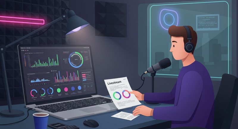 A podcaster reviews livestream analytics on a laptop during a recording session, with graphs and sentiment data on screen—illustrating a podcast content strategy with data.