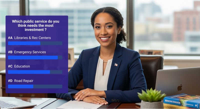 A political candidate hosts an interactive livestream for a campaign, featuring a live audience poll asking which public service needs the most investment. This image highlights interactive livestreaming for political campaigns with engagement tools like polls and real-time results.