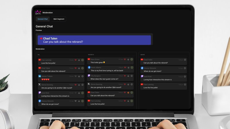 Laptop screen showing a unified chat for marketers, combining livestream messages from YouTube, Facebook, and Twitch.