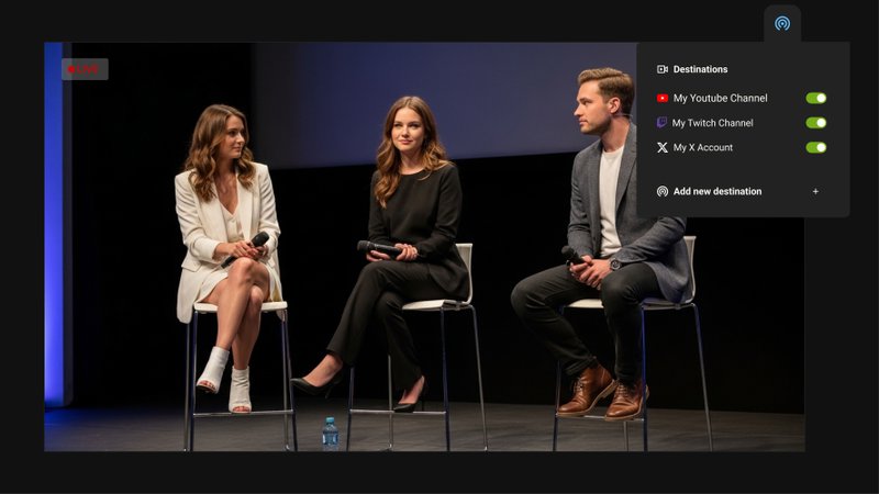 An image depicting a still from a livestream inside Effi's UI. The still shows two young women and one young man sitting on a stage on white stills holding microphones. The UI frame shows the ability to connect multiple social channels: YouTube, Twitch, X, illustrating cross-platform livestreaming.