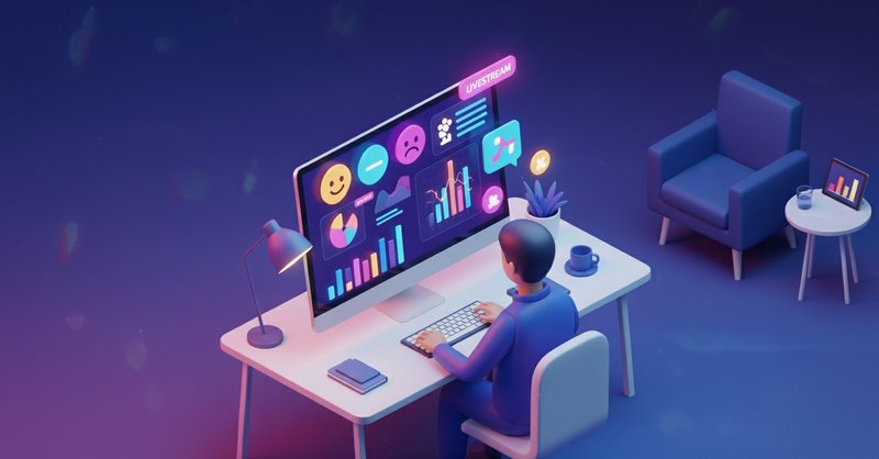 A 3D isometric illustration of a person at a modern desk exploring AI-powered livestream analytics on a sleek, futuristic dashboard with colorful charts and sentiment emojis, set in a vibrant digital-tech environment.