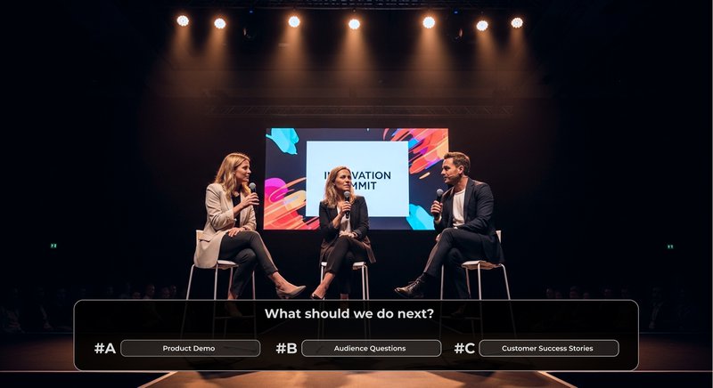 Three people on an event stage during a livestream, with an overlay poll prompting the audience to select the next segment. Interactive setup illustrates engaging livestream event ideas for brands.
