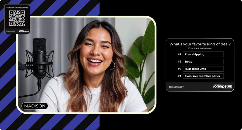 A smiling livestream host named Madison speaks into a microphone beside an interactive poll asking viewers, “What’s your favorite kind of deal?” with live chat options for free shipping, BOGO, huge discounts, and member perks. A sponsor logo and QR code appear on screen, illustrating modern livestream trends like real-time viewer engagement, branded overlays, and interactive sponsor moments.