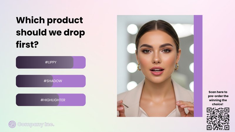 A beauty brand host presents a livestream poll asking viewers, “Which product should we drop first?” with interactive voting buttons for #LIPPY, #SHADOW, and #HIGHLIGHTER beside a live QR code for pre-orders. The on-screen engagement and branded design illustrate how interactive features like polls and CTAs drive measurable livestream ROI for marketing teams using Effi.