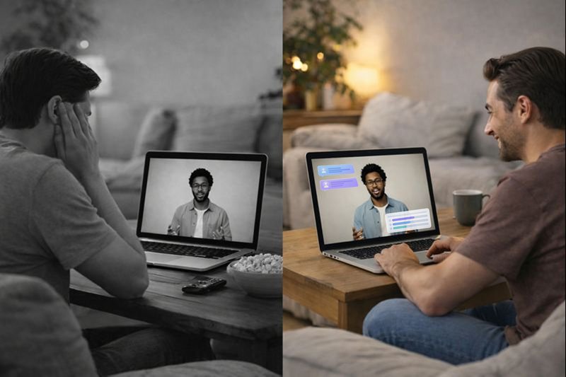 Split-screen image showing the engagement drop-off between watching a livestream and interacting through chat or polls.