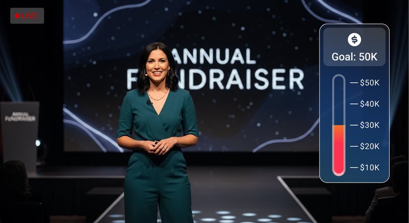 A nonprofit host presents a live fundraiser on stage with a donation goal meter visible on screen, illustrating nonprofit livestream listening through real-time donation and engagement signals.