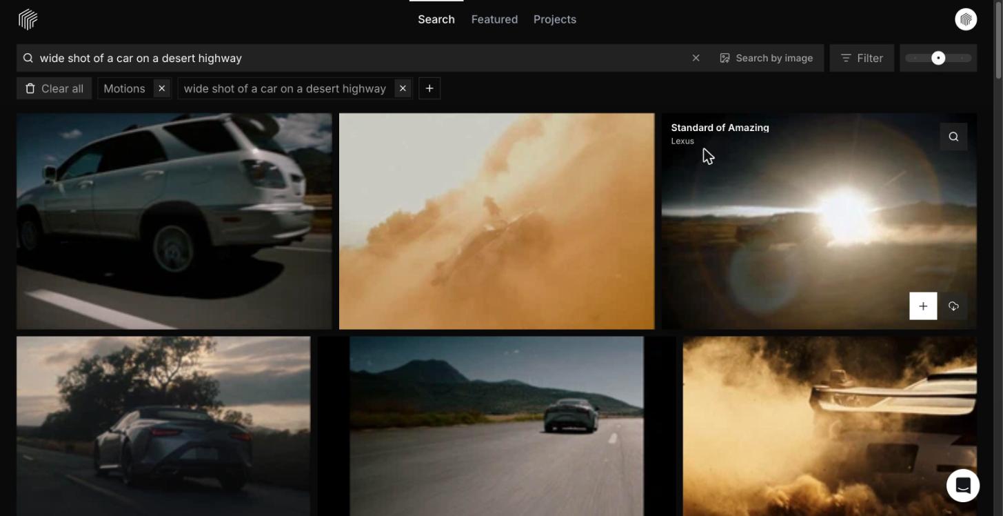 A Frame Set search with the Motions filter applied, showing moving clips alongside still Frames