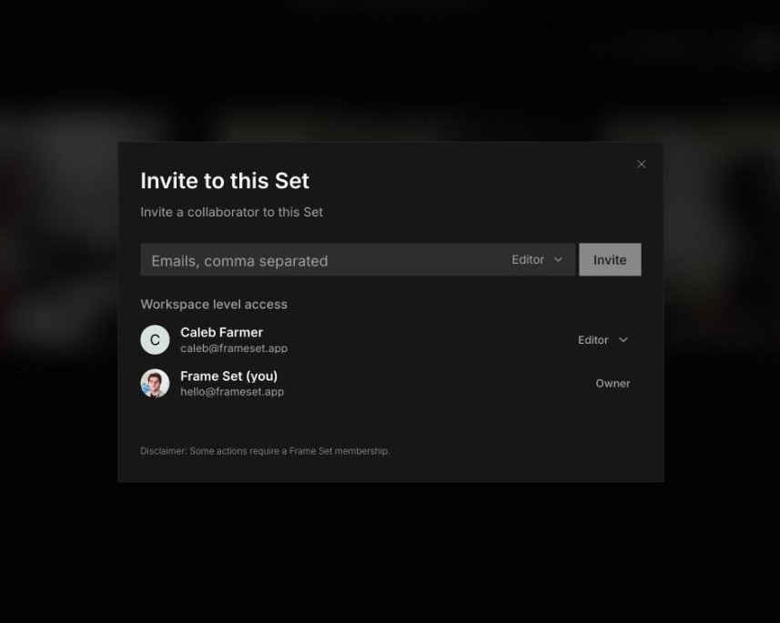 The Invite to this Set dialog in Frame Set, showing collaborators with Editor and Owner roles