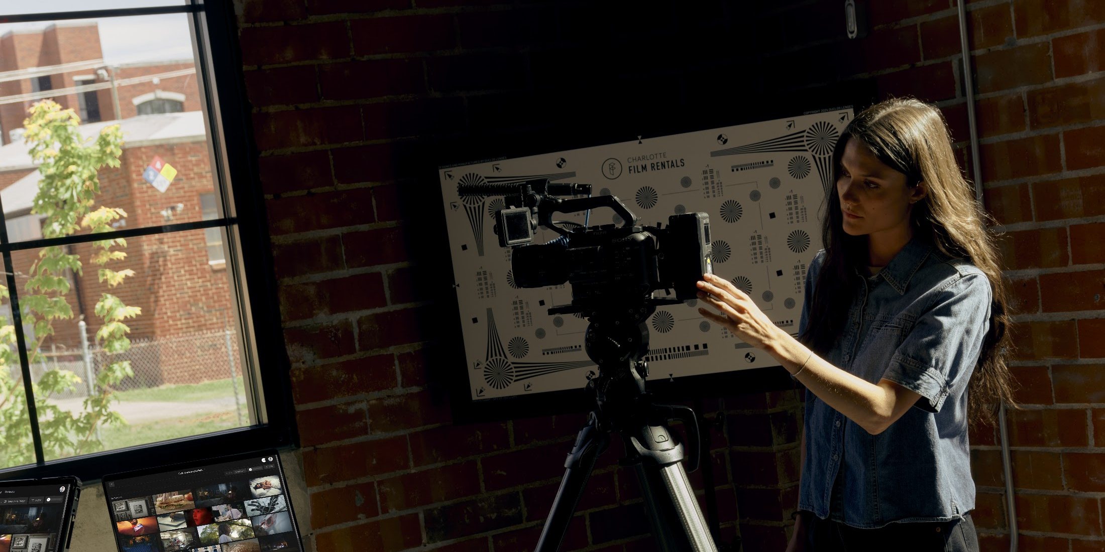 A filmmaker setting up a cinema camera in a brick studio, with Frame Set open on a laptop nearby