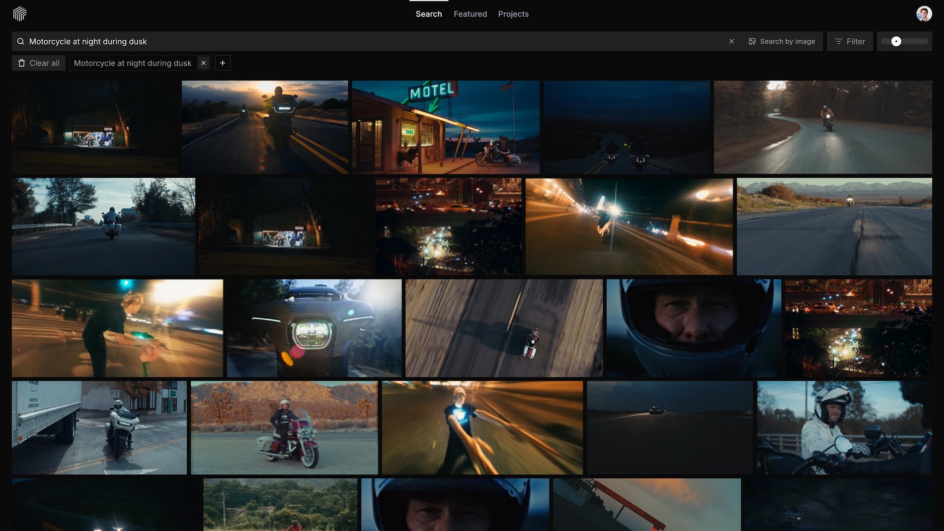 Frame Set search results for the query Motorcycle at night during dusk, a grid of night driving film stills