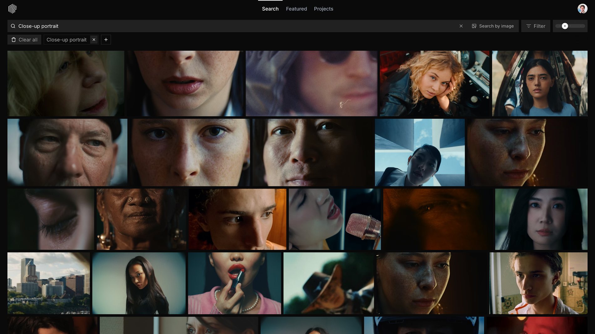 Frame Set search results for the query Close-up portrait, a grid of tight face shots from films and commercials