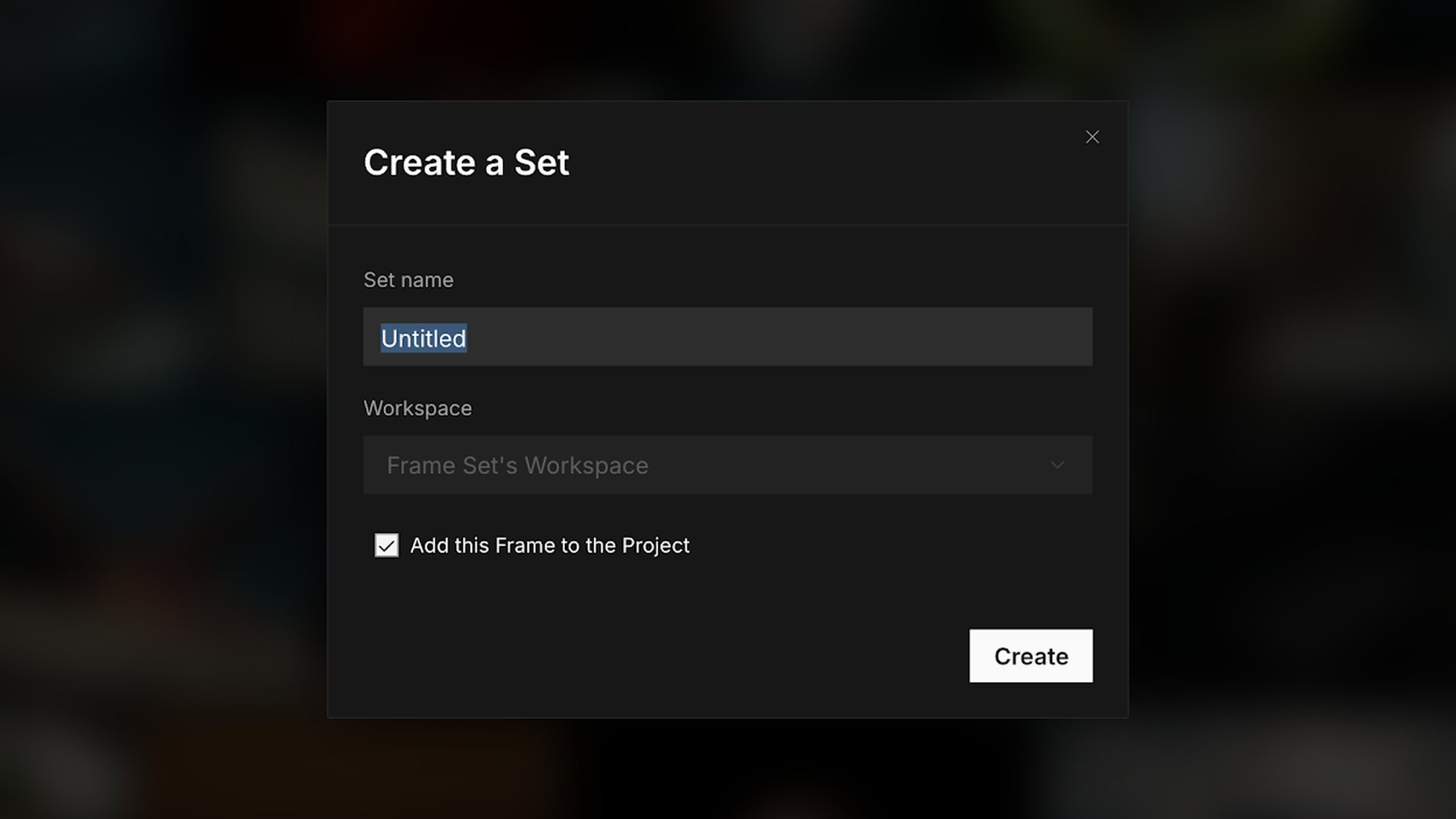 The Create a Set dialog in Frame Set, with a Set name field, a Workspace selector, and a Create button