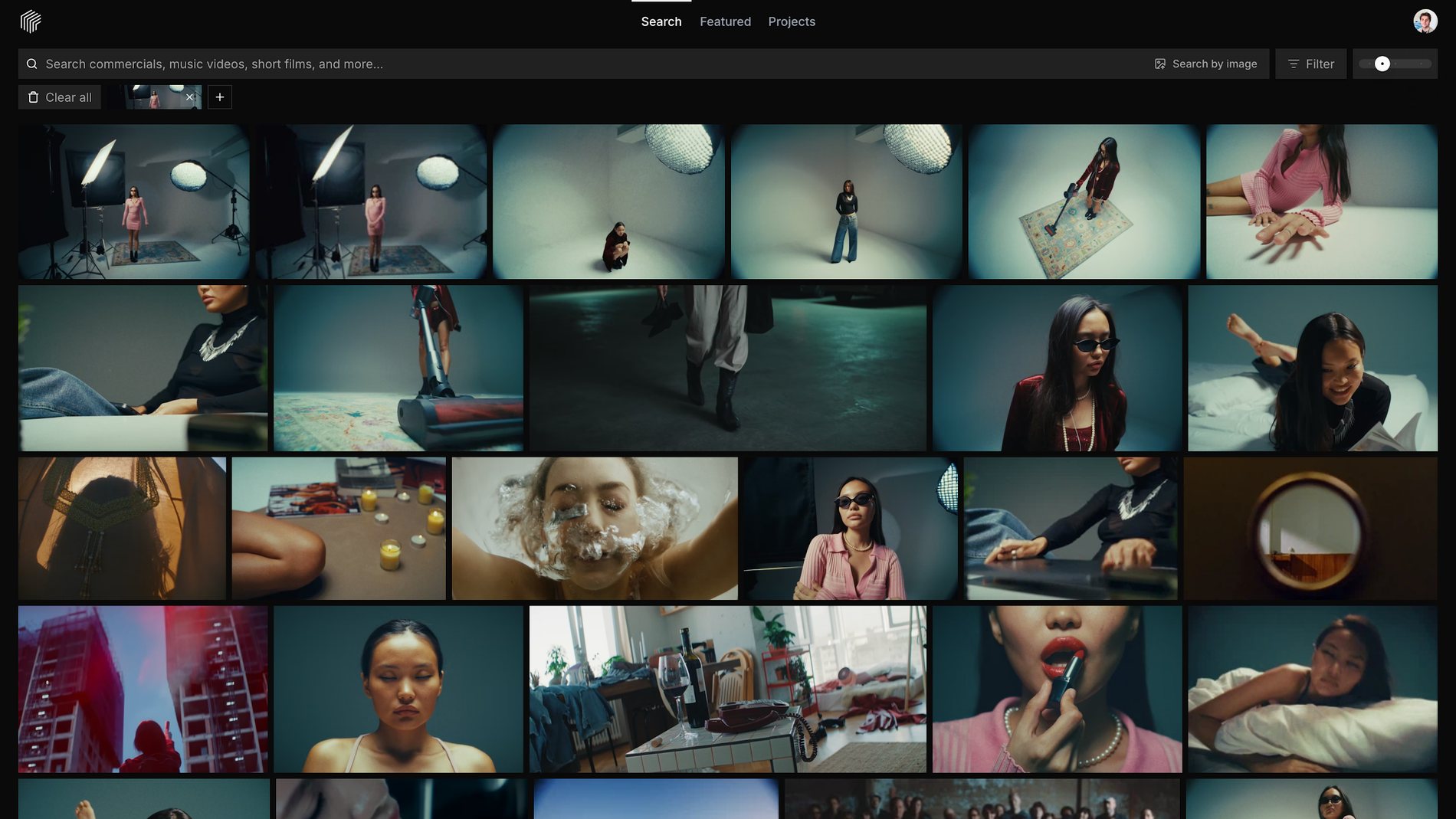 Similar Search in Frame Set, with a source Frame in the search bar and results that share its teal and pink studio palette