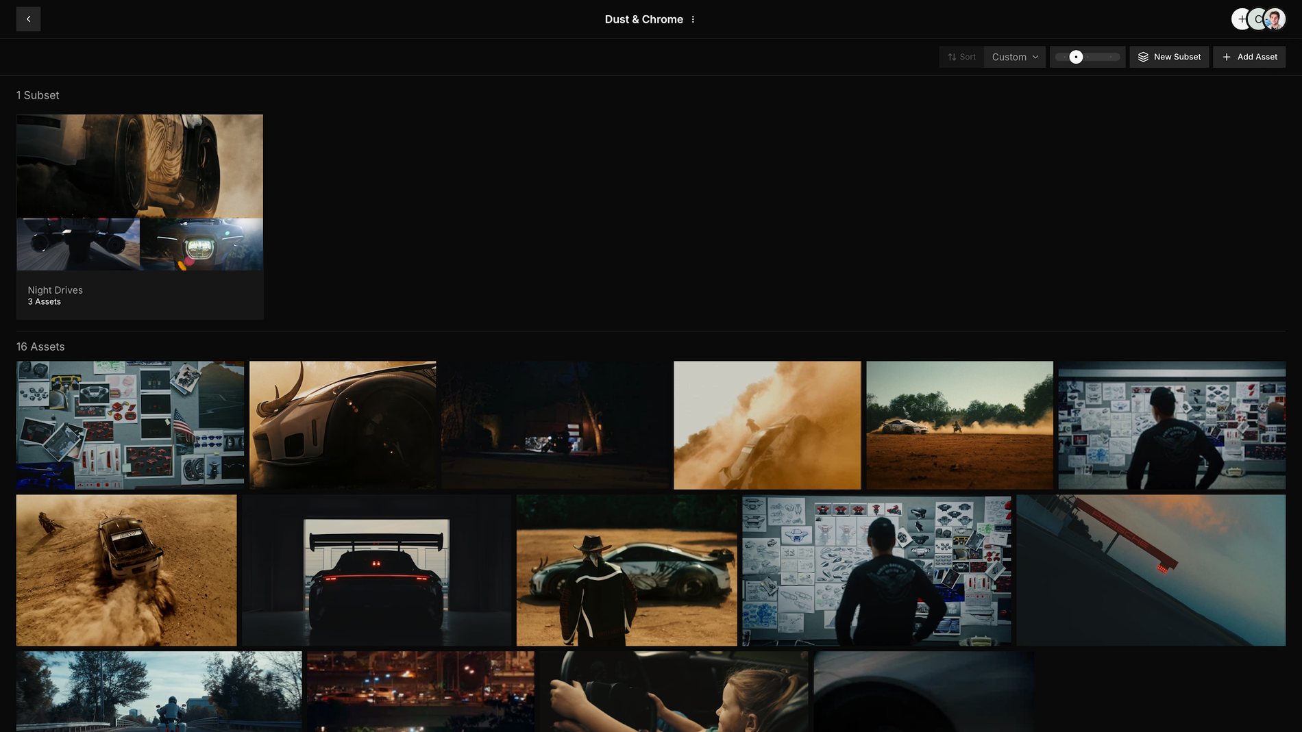 A Set named Dust and Chrome open in Frame Set, showing a Night Drives Subset above sixteen saved Assets in a custom order
