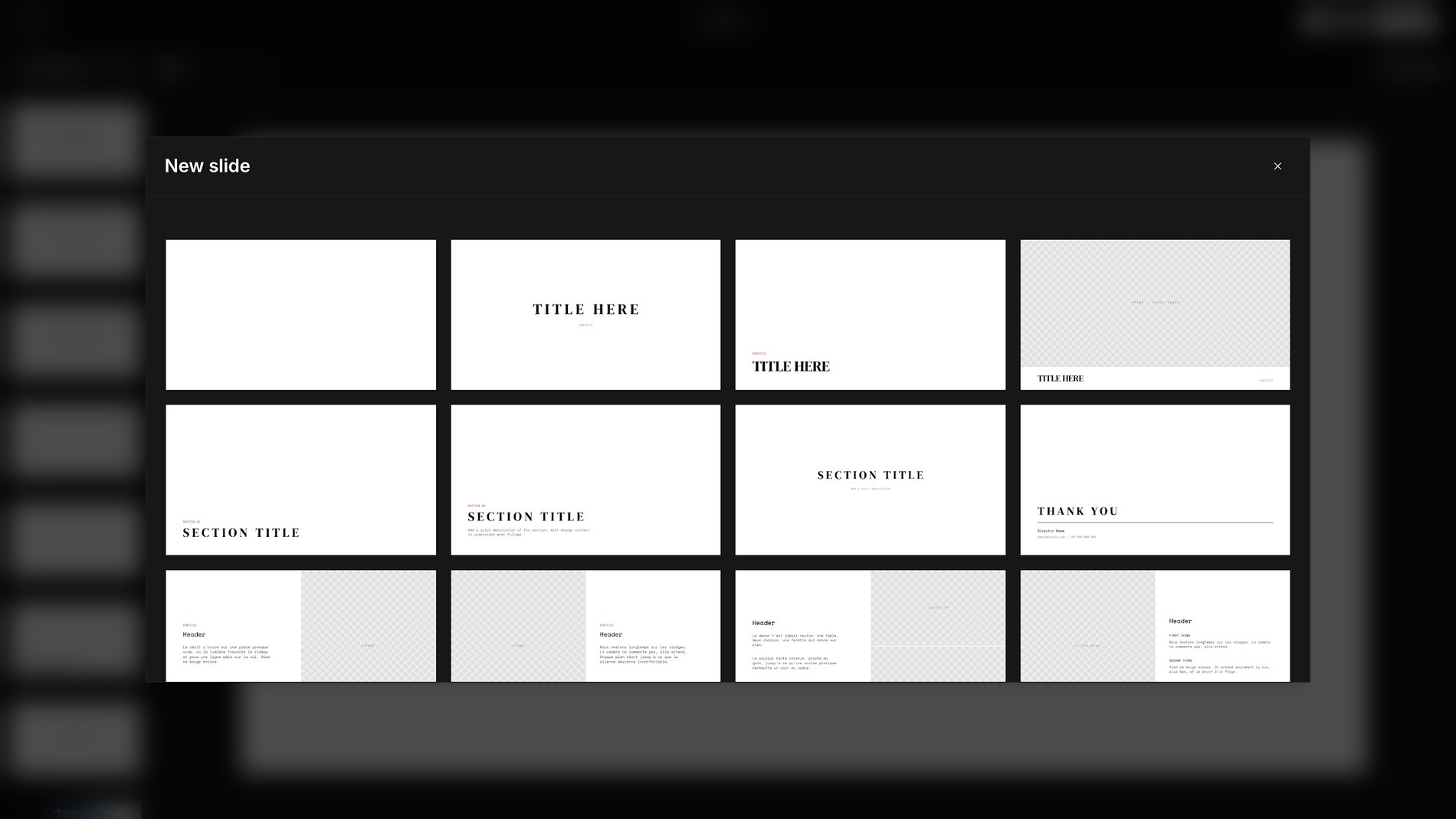 The New slide dialog in a Frame Set Treatment, showing a grid of slide templates for titles, section headers, and image layouts