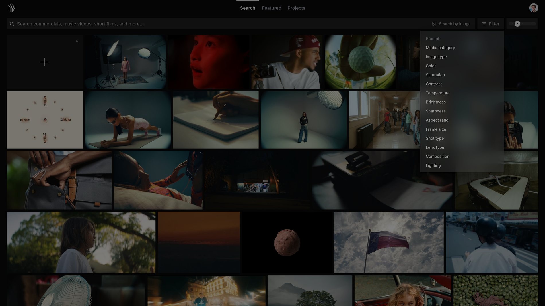The Frame Set filter menu open over search results, listing filters for media category, image type, color, temperature, shot type, lens type, and lighting