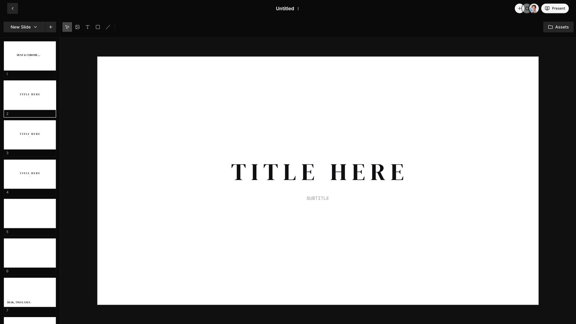A Frame Set Treatment open in the editor, with the slide list on the left and a title slide on the canvas