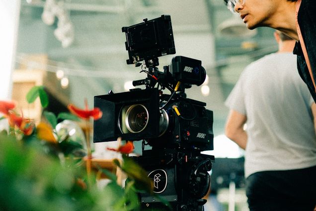 A camera operator lines up a shot through foliage in the foreground