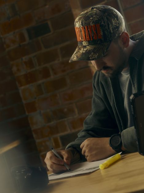 A filmmaker in a cap making notes at a table against a brick wall
