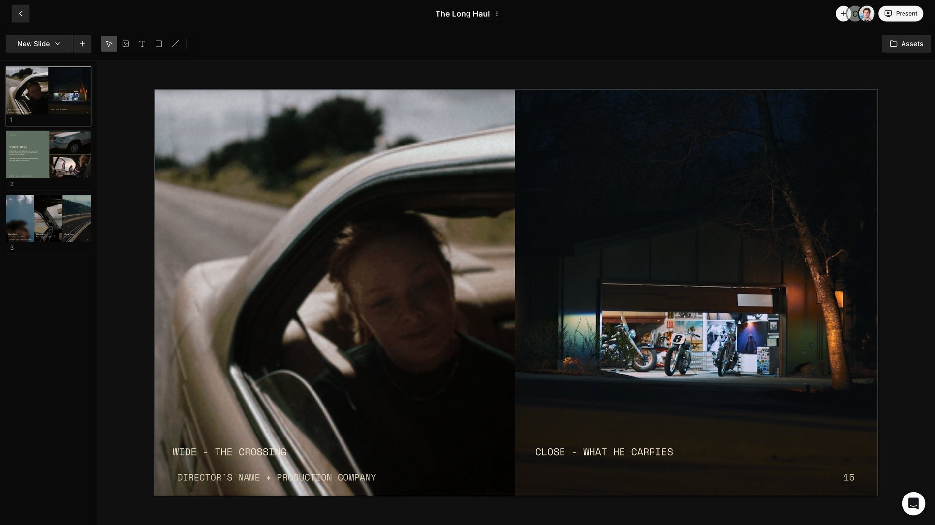 A Treatment slide in the Frame Set editor showing two Frames side by side with shot labels