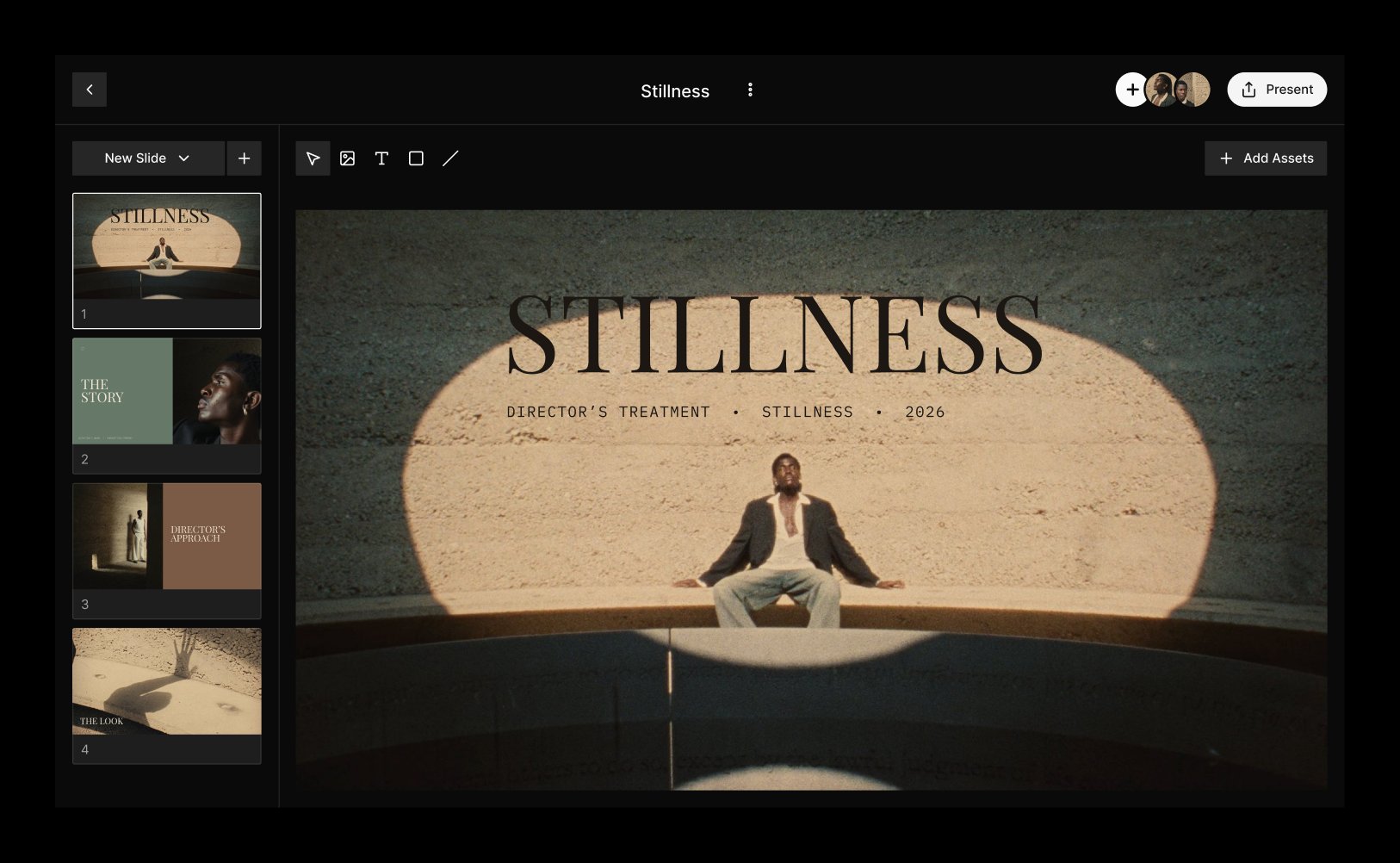The Frame Set Treatment editor with Slide thumbnails on the left and a title Slide open
