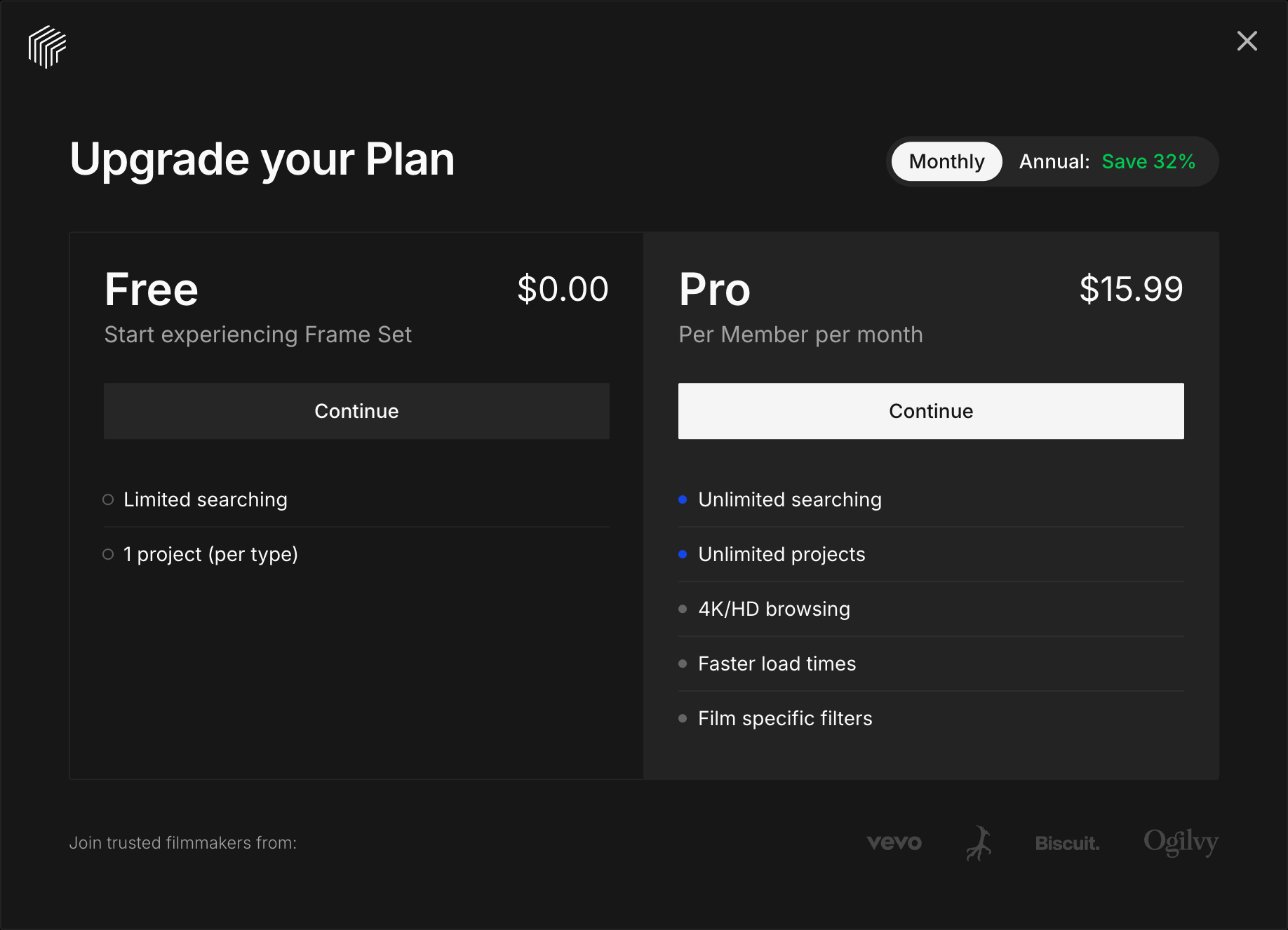 Frame Set Upgrade your Plan screen with Monthly selected and the Continue button under Pro