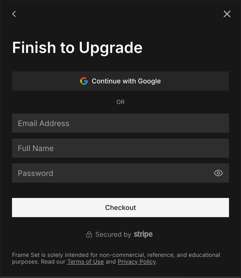 Frame Set Finish to Upgrade screen with a Checkout button