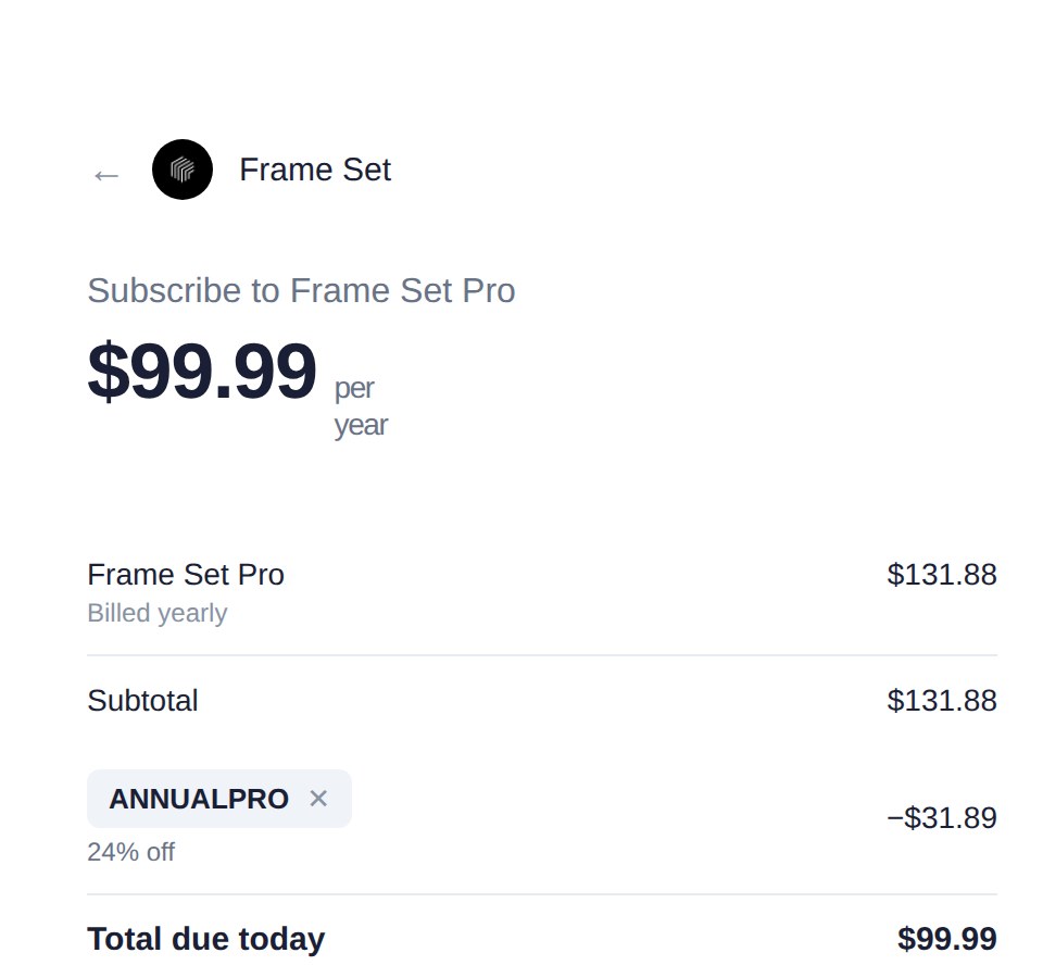 Checkout order summary with code ANNUALPRO applied, total due today $99.99