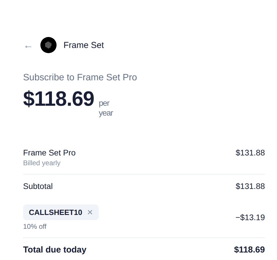 Checkout order summary with code CALLSHEET10 applied, total due today $118.69