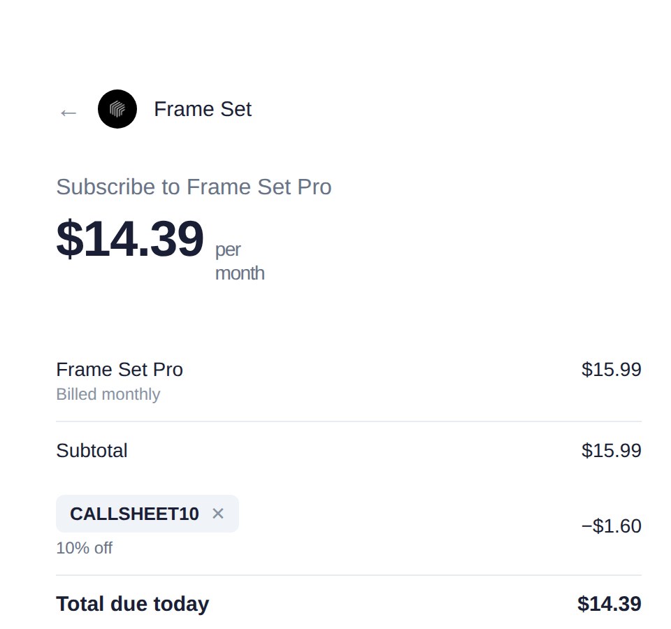 Checkout order summary with code CALLSHEET10 applied, total due today $14.39