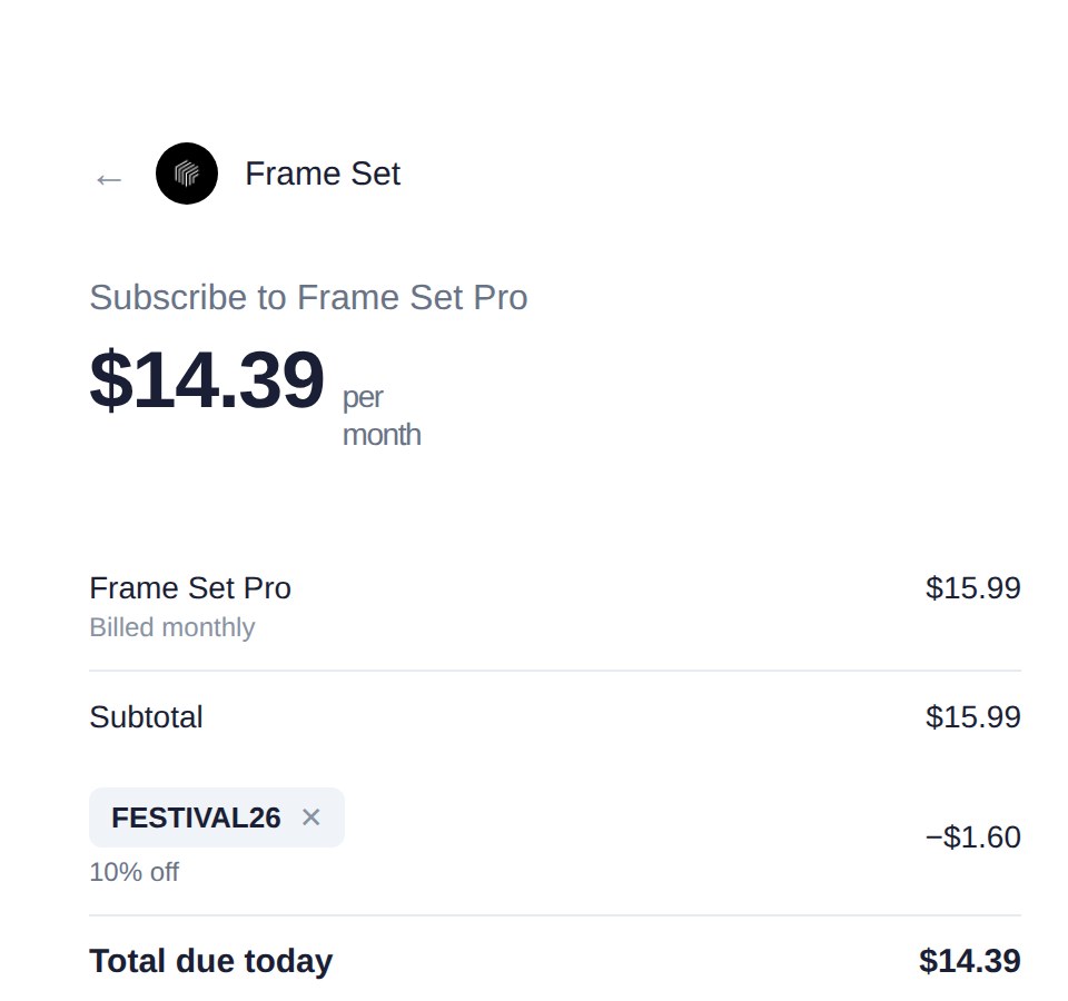 Checkout order summary with code FESTIVAL26 applied, total due today $14.39