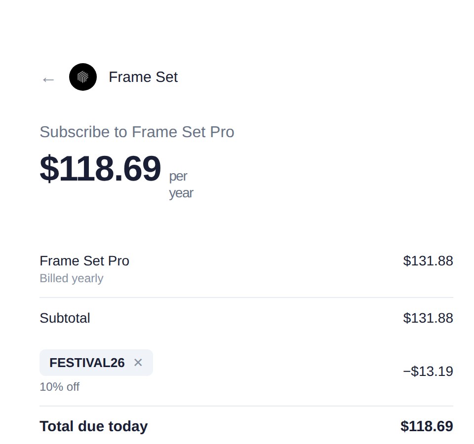 Checkout order summary with code FESTIVAL26 applied, total due today $118.69