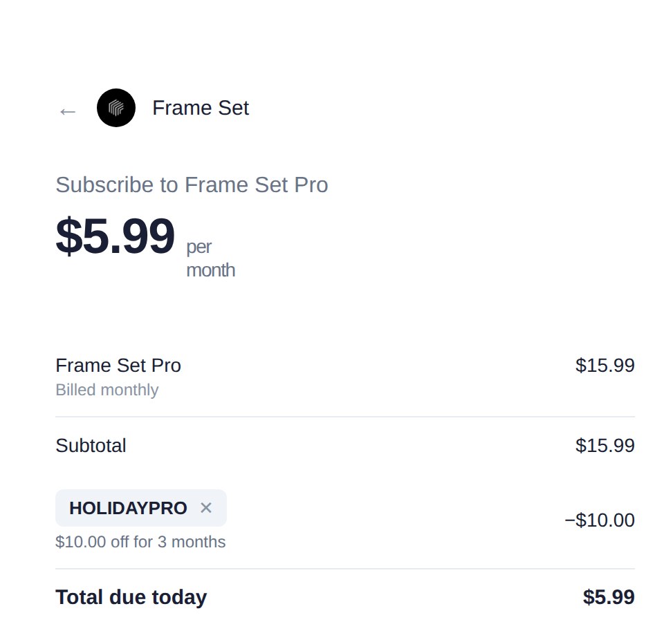 Checkout order summary with code HOLIDAYPRO applied, total due today $5.99