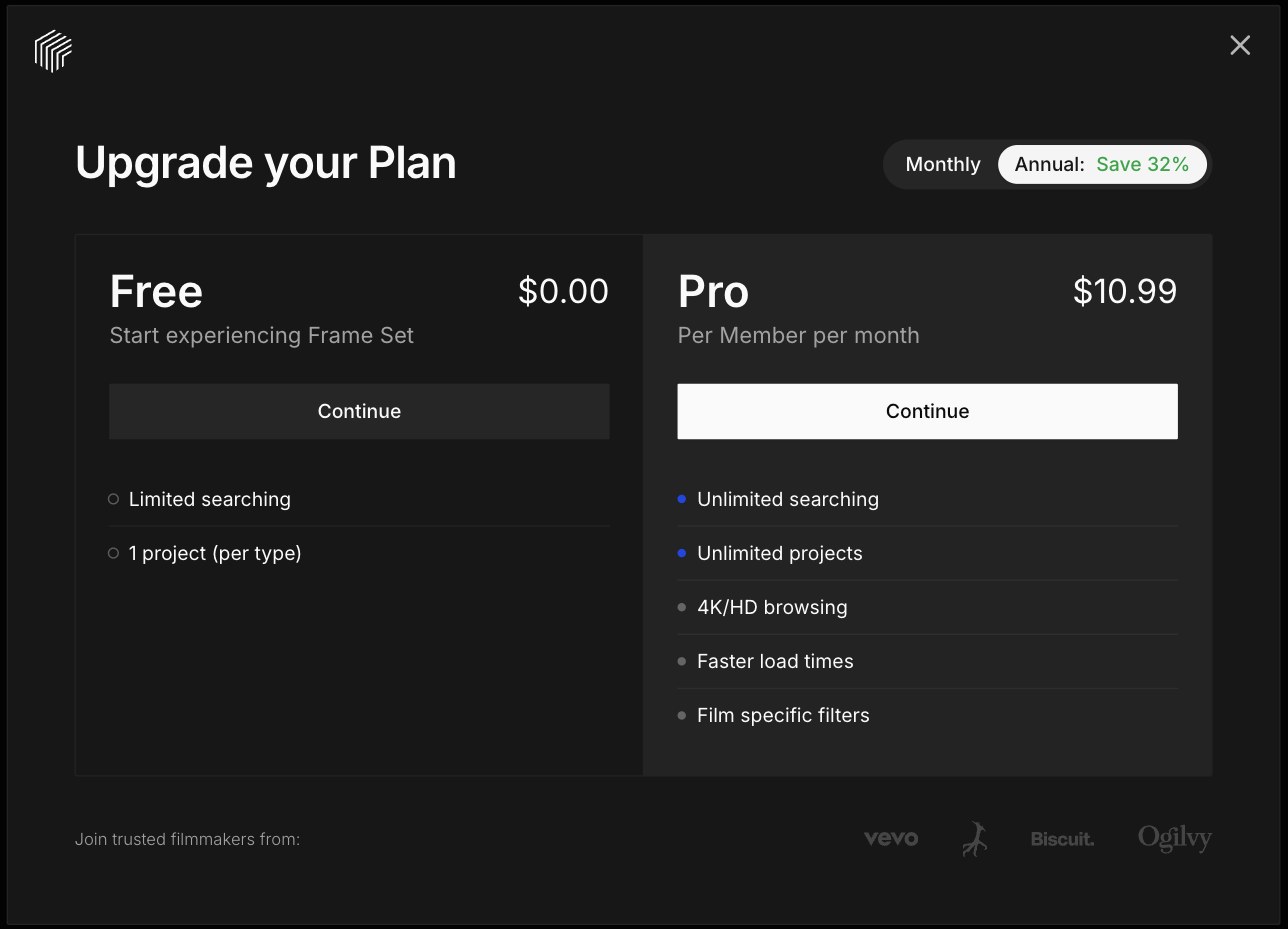 Frame Set Upgrade your Plan screen with Annual selected and the Continue button under Pro