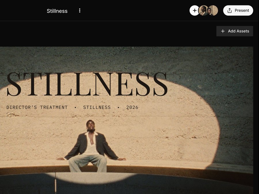 A Frame Set Treatment with collaborator avatars and a Present button in the header