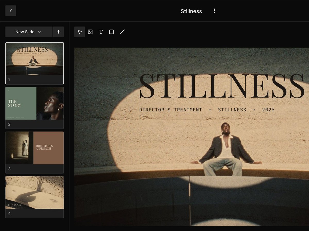 The Frame Set Treatment editor with a Slide list on the left and a Slide titled Stillness