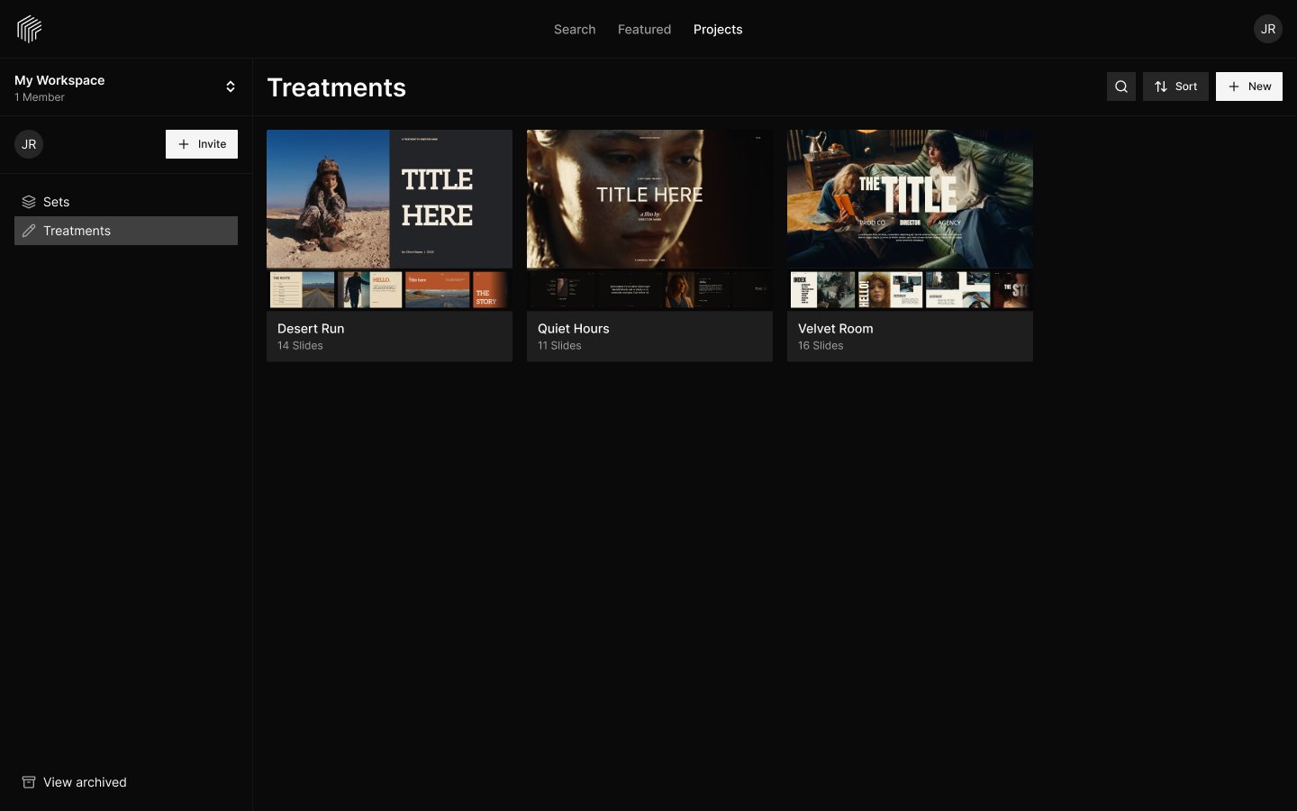 Frame Set Projects page on the Treatments tab with the New button highlighted