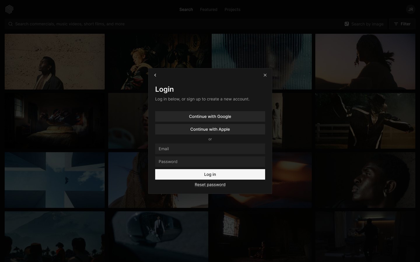Frame Set login window with Google, Apple and email sign in
