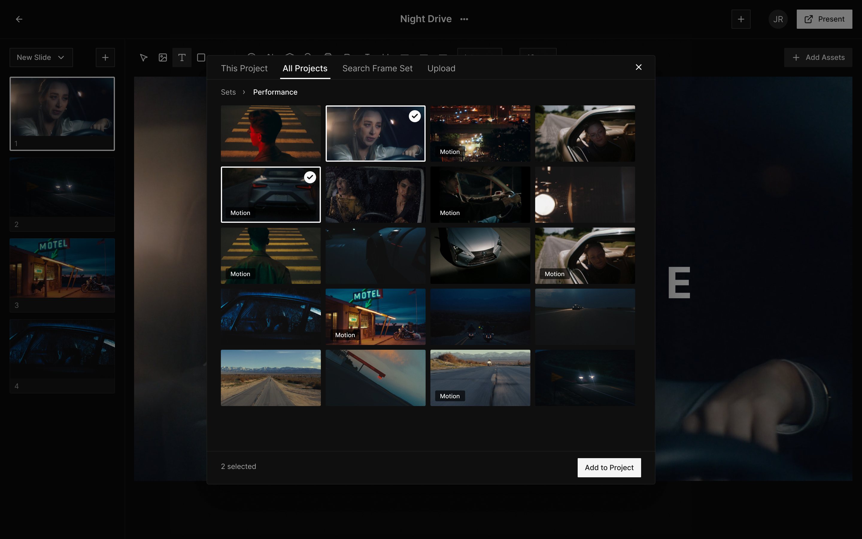 The Add Assets panel open in the Frame Set Treatment editor on the All Projects tab, showing a Set called Performance with licensed Frames and Motions, two selected