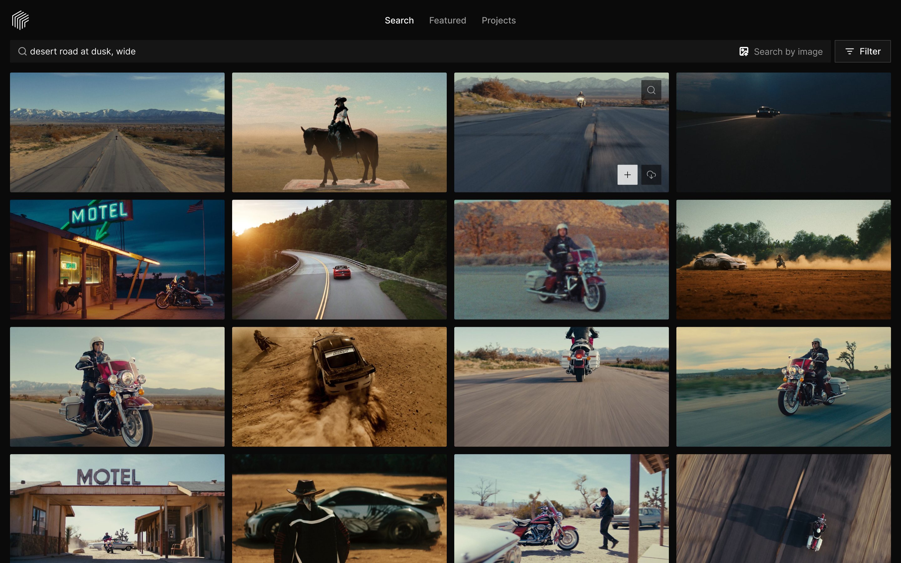 Frame Set search results for desert road at dusk, with one Frame hovered to show its Download button