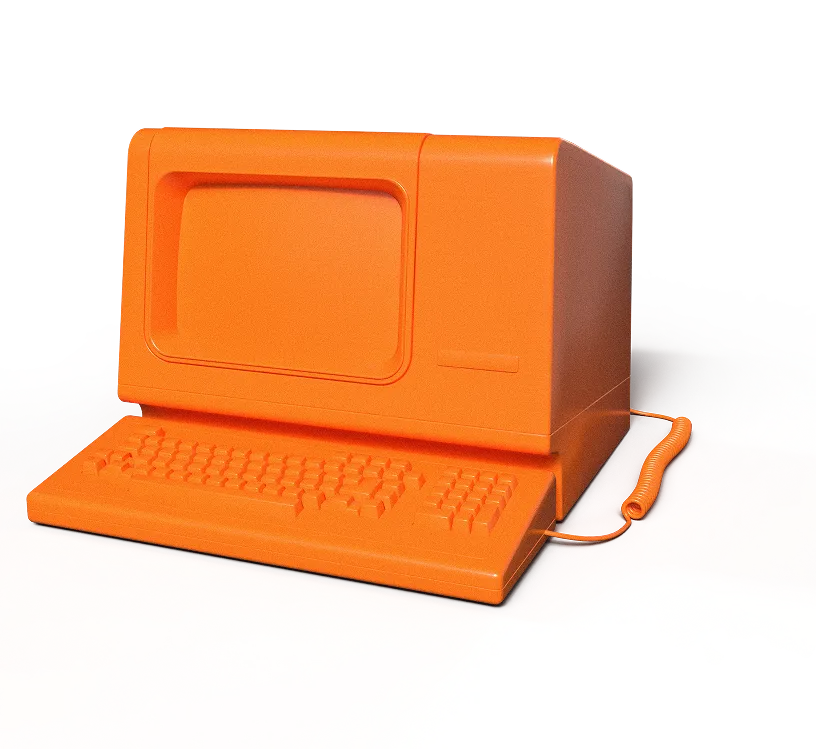 Bright orange retro computer with a monitor and keyboard, featuring a coiled phone cord.