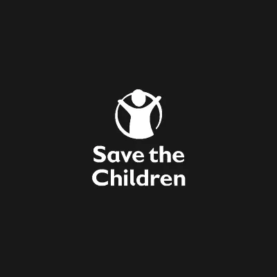 Logo featuring a stylized figure with arms raised, accompanied by the text "Save the Children" below.