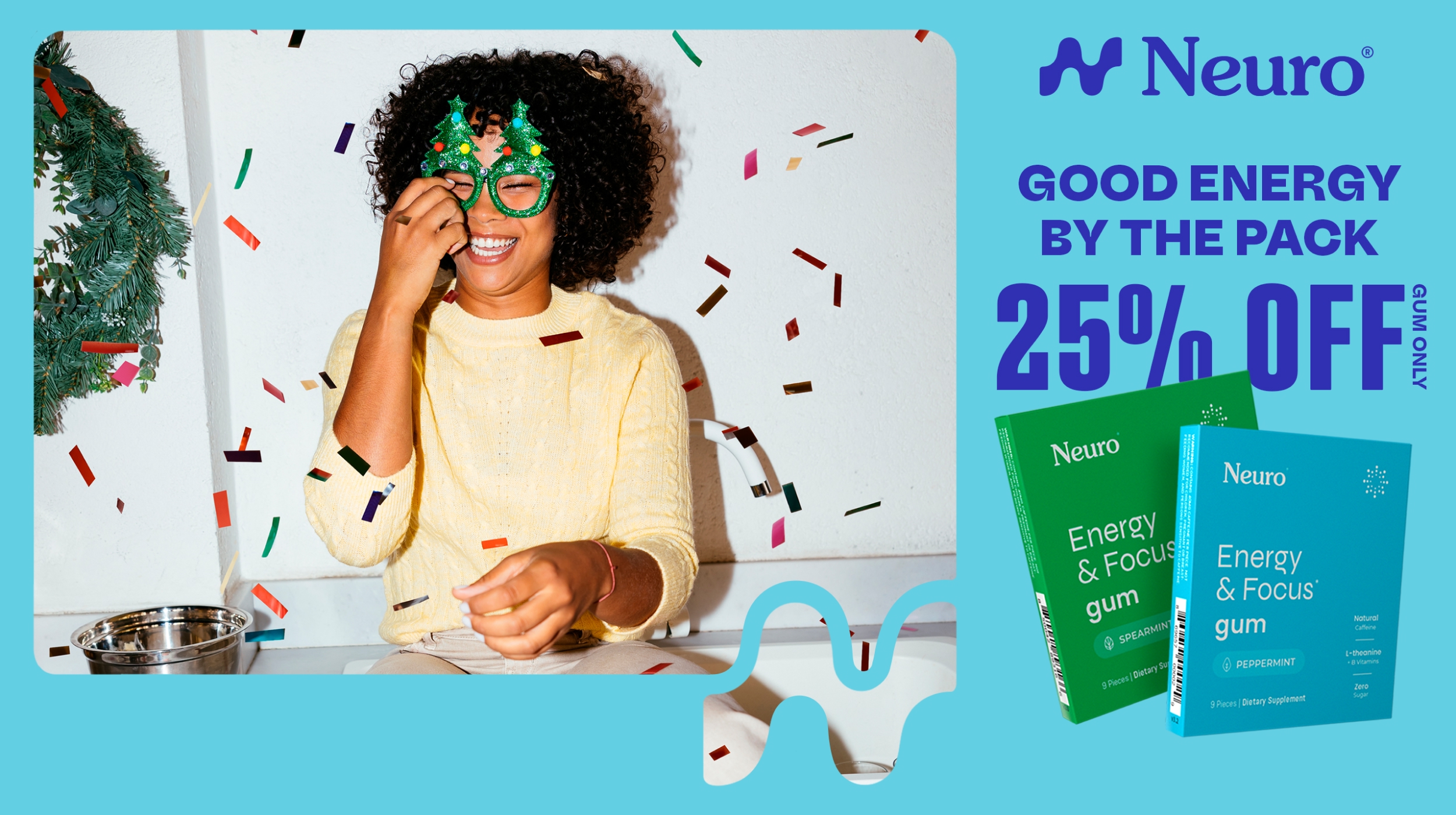 A person wearing festive glasses smiles while confetti falls around them, with gum products displayed nearby.